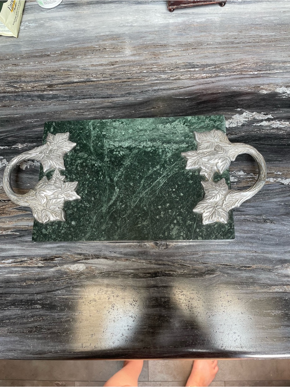 Decorative Green Marble Serving Tray with Leaf Handles